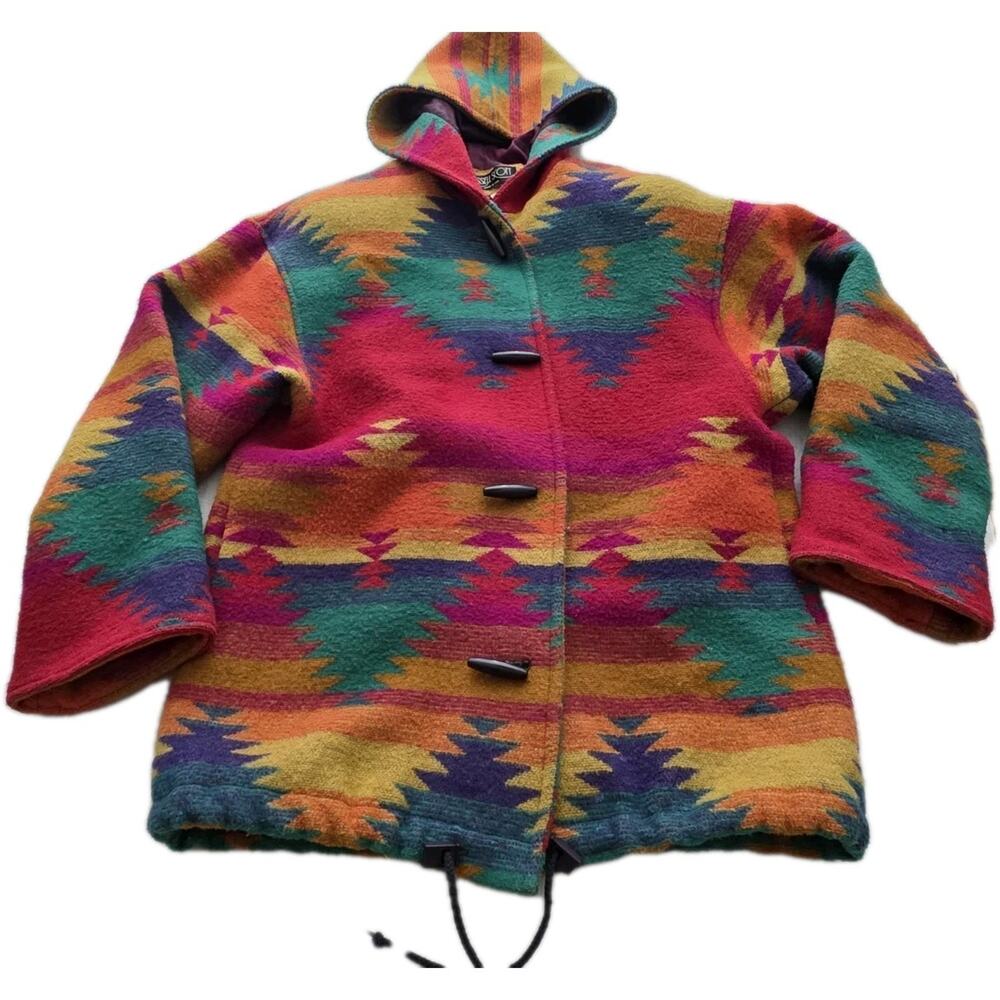 Vintage Aztec Print Wool Blend Jacket Button Up Unisex M Made in USA Southwest
